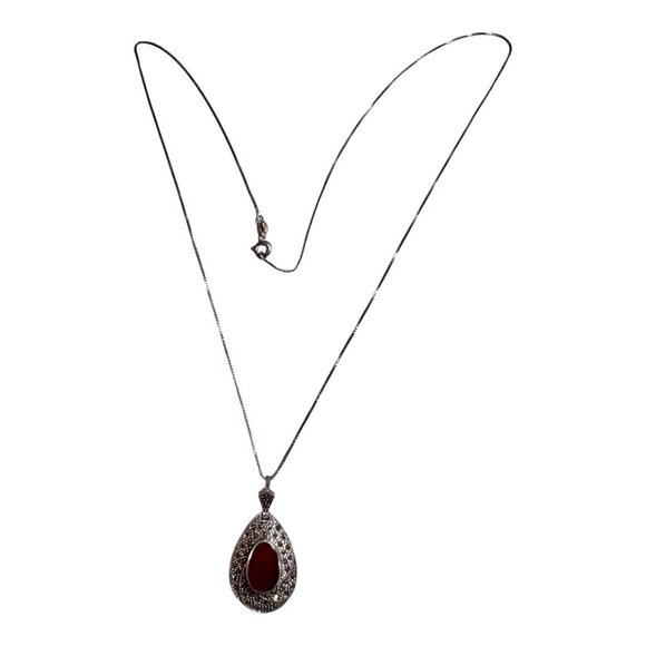 Sterling Silver Marcasite Red Teardrop Pendant Necklace Art Deco Jewelry Design - Picture 3 of 10